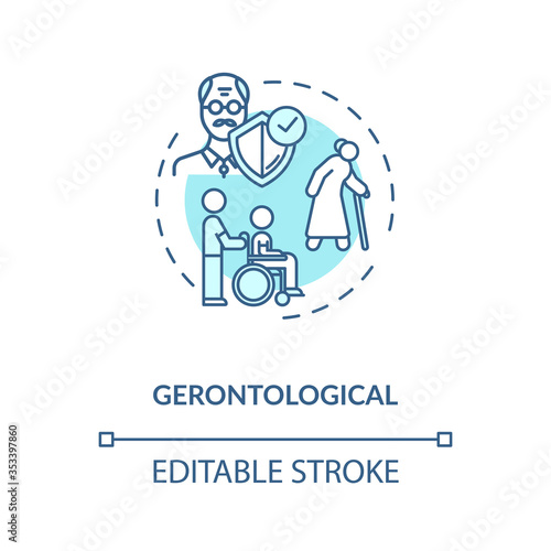 Gerontology concept icon. Community service idea thin line illustration. Senior people care and security. Pensioners caregiving program. Vector isolated outline RGB color drawing. Editable stroke