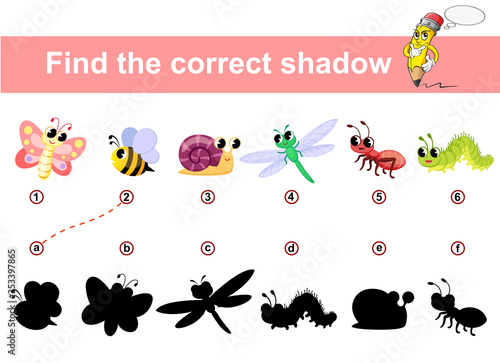 Find correct shadow. Kids educational game. Insects. Butterfly  ant  bee  snail  caterpillar  dragonfly