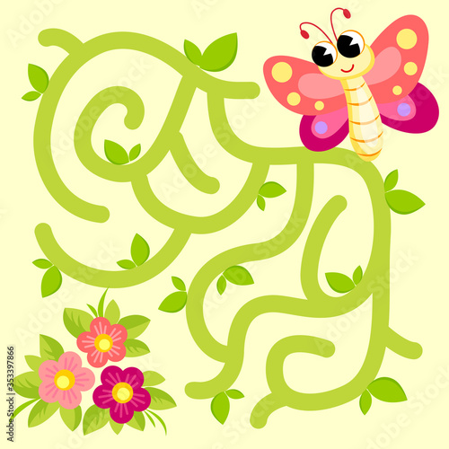 Help butterfly find path to flowers. Labyrinth. Maze game for kids