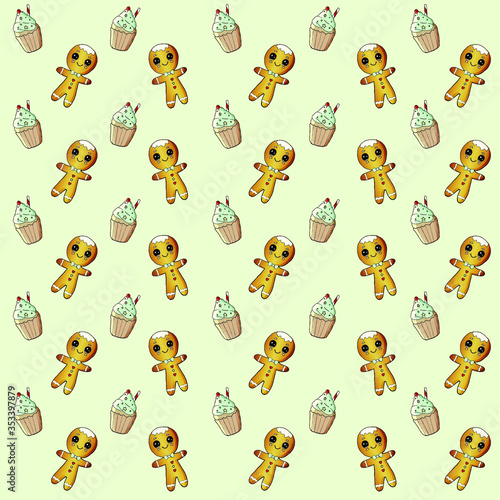 ginger bread and cupcake seamless pattern vector