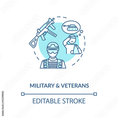 Military and veterans social service concept icon. Post traumatic stress disorder. War combats thin line illustration. Vector isolated outline RGB color drawing. Editable stroke