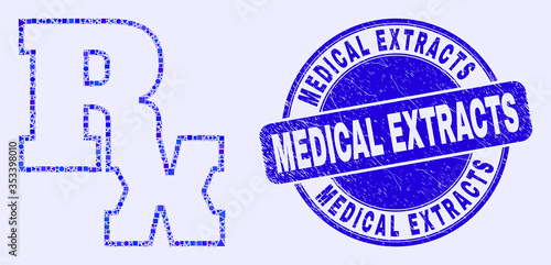 Geometric Rx symbol mosaic icon and Medical Extracts watermark. Blue vector round scratched watermark with Medical Extracts phrase. Abstract mosaic of Rx symbol composed of round, triangles,