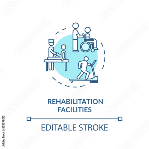 Rehabilitation facilities turquoise concept icon. Rehab clinical center. Physiotherapy thin line illustration. Medical rehabilitation. Vector isolated outline RGB color drawing. Editable stroke