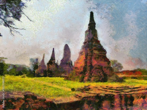 The Archaeological site in Ayutthaya Thailand world heritage Illustrations creates an impressionist style of painting. © Kittipong