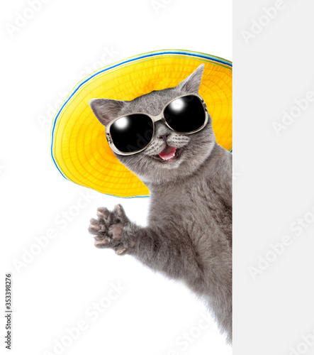 Happy cat wearing sunglasses and summer hat looks from behind empty board and waving his paw. isolated on white background