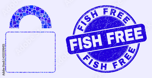Geometric lock mosaic icon and Fish Free seal. Blue vector round distress seal stamp with Fish Free text. Abstract composition of lock made of round, triangles, square geometric elements.