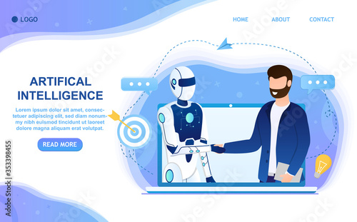Human shakes the robot's hand Interaction with artificial intelligence Partnership between man and humanoid robot Robot Humen works with humans at Office Suitable for landing web and printing Vector