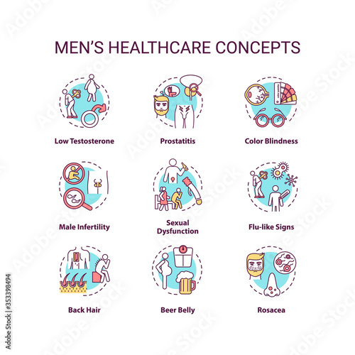 Mens healthcare concept icons set. Common diseases and health risks for men idea thin line RGB color illustrations. Male diagnoses, medical problems. Vector isolated outline drawings. Editable stroke