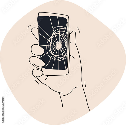 A person holding in their hand a phone or a smartphone with a broken glass, shattered screen probably after a fall or an accident. Cartoon style simple line art vector illustration
