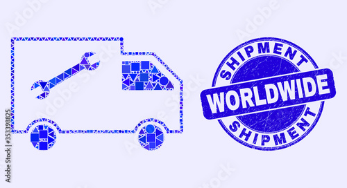 Geometric service van mosaic icon and Shipment Worldwide seal. Blue vector round textured seal stamp with Shipment Worldwide message. Abstract mosaic of service van constructed of round, triangles,