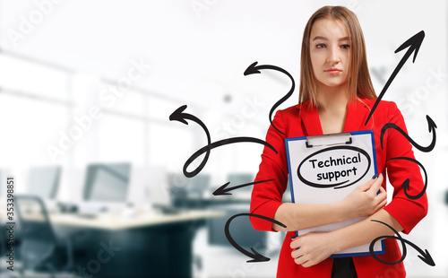 Business, technology, internet and network concept. Young businessman shows a keyword: Technical support