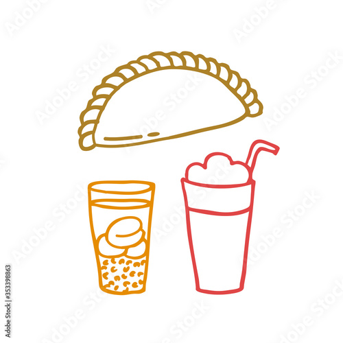 Empanada. stuffed bread or pastry baked or fried in many countries of Latin America. terremoto, chilean traditional drink. mote con huesillo, vector illistration