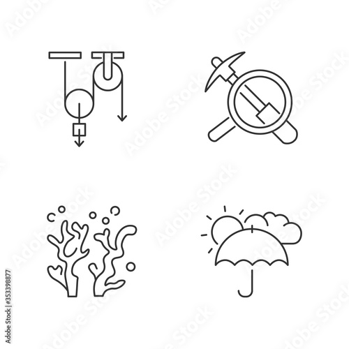 Physical and life sciences pixel perfect linear icons set. Customizable thin line contour symbols. Physics, geology, oceanology and meteorology. Isolated vector outline illustrations. Editable stroke