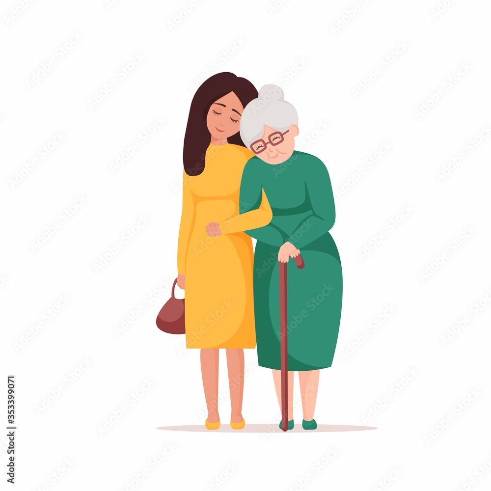 Young woman walks with elderly lady. Granddaughter and grandma walking together. Girl taking care of elderly grandmother. Female isolated cartoon characters. Vector illustration for website, flyer