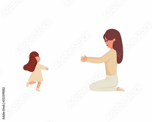 Little girl running to woman.Mom and daughter spending time together. Child and female isolated cartoon characters. Vector illustration