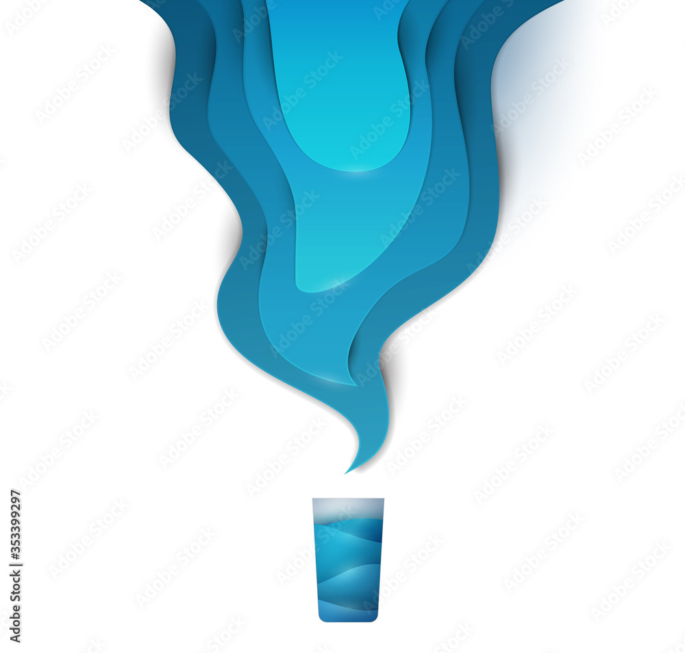 Glass with blue clear water and falling waves on white background. Abstract art composition in modern geometric style. Minialistic concept design template for branding. Vector illustration. Glass with blue clear water and falling waves on white background. Abstract art composition in modern geometric style. Minialistic concept design template for branding. Vector illustration.