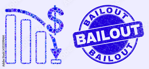 Geometric crisis bar chart mosaic pictogram and Bailout seal stamp. Blue vector round distress stamp with Bailout message. Abstract mosaic of crisis bar chart organized of spheric, triangles,