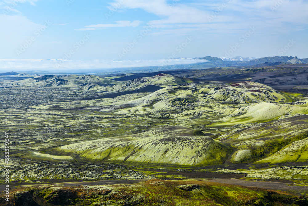 Laki Crater Iceland. Volcanic crater covered wit green moos. Volcanic Landscape. Volcano fissure eruption. Iceland landscape. Icelandic high land. Volcanic fissure with a green moss and lava field