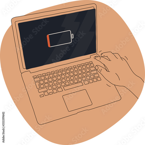 Person trying to turn on and use a laptop computer but there is no power, battery is dead, so the black screen just flashes a drained battery icon. Cartoon style simple line art vector illustration