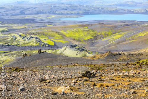 Laki Crater Iceland. Volcanic crater covered wit green moos. Volcanic Landscape. Volcano fissure eruption. Iceland landscape. Icelandic high land. Volcanic fissure with a green moss and lava field
