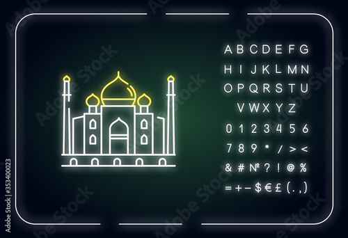 Taj Mahal neon light icon. White marble mausoleum. Historical monument. Mughal architecture. Outer glowing effect. Sign with alphabet, numbers and symbols. Vector isolated RGB color illustration