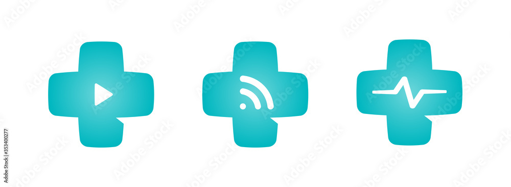 Obraz premium Medical cross logo set. Telemedicine icon collection. Modern online healthcare system emblem. Distance doctor consultation symbol. Web clinic application sign.