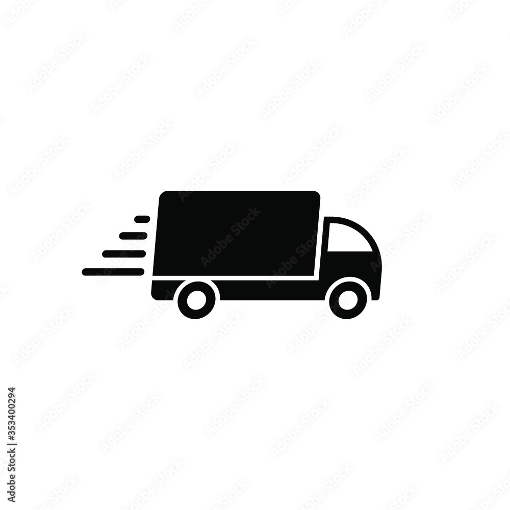 Delivery truck vector icon. Fast moving transport service car symbol. Speed shipping sign. Logistic logo. Black silhouette isolated on white background.