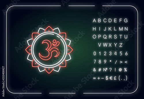 Om neon light icon. Aum visual representation. Sacred syllable. Sound of universe. Outer glowing effect. Sign with alphabet, numbers and symbols. Vector isolated RGB color illustration