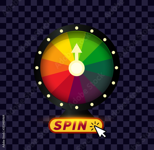Online fortune wheel banner. Click the button, spin and play application poster. Gambling game vector illustration. Isolated casino website sign. Random winner slot machine app. Raffle prize.