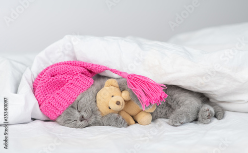 Cute baby kitten wearing warm hat hugs toy bear and sleeps under blanket on a bed at home