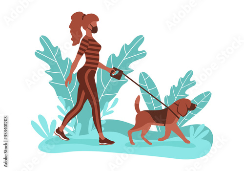 Young woman in medical mask walking her dog in muzzle. Flat vector illustration.