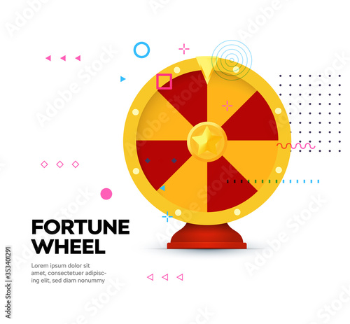 Fortune wheel icon on memphis style background. Gambling website banner. Random winner casino slot machine poster. Raffle prize. Money bets emblem. Isolated lottery,roulette vector illustration.