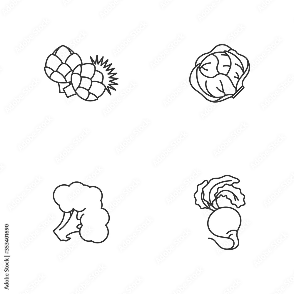 Dieting pixel perfect linear icons set. Greenery plants. Fresh vegetables. Lettuce head. Raw cabbage. Customizable thin line contour symbols. Isolated vector outline illustrations. Editable stroke Dieting pixel perfect linear icons set. Greenery plants. Fresh vegetables. Lettuce head. Raw cabbage. Customizable thin line contour symbols. Isolated vector outline illustrations. Editable stroke