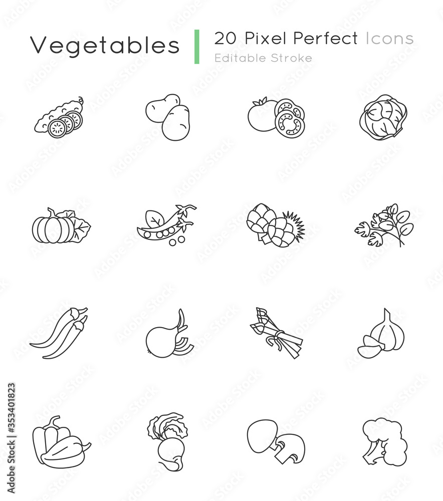 Vegetable pixel perfect linear icons set. Tomato for ketchup. Potato and lettuce. Raw root, ripe bulb. Customizable thin line contour symbols. Isolated vector outline illustrations. Editable stroke