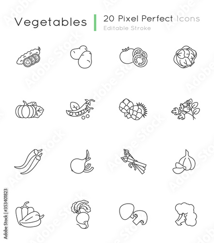 Vegetable pixel perfect linear icons set. Tomato for ketchup. Potato and lettuce. Raw root, ripe bulb. Customizable thin line contour symbols. Isolated vector outline illustrations. Editable stroke © bsd studio