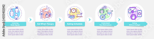 Conscious nutrition practices vector infographic template. Mindful eating presentation design elements. Data visualization with 5 steps. Process timeline chart. Workflow layout with linear icons