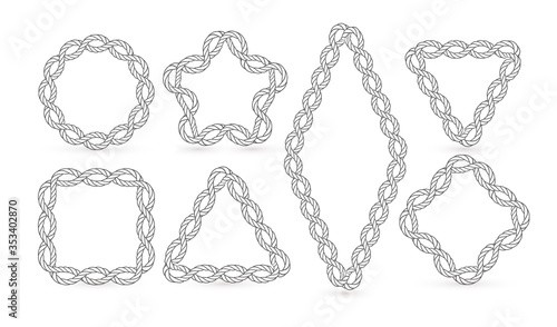 Rope photo frames icons set. Nautical decorative elements collection. Retro sailor knots. Vintage seaman equipment vector illustration. Isolated geometrical shapes contour. Marine, maritime signs.