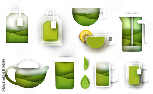 Collection green graphic elements for tea on white background. Abstract art composition in modern geometric papercut style. Minialistic concept design template for branding. Vector flat illustration.