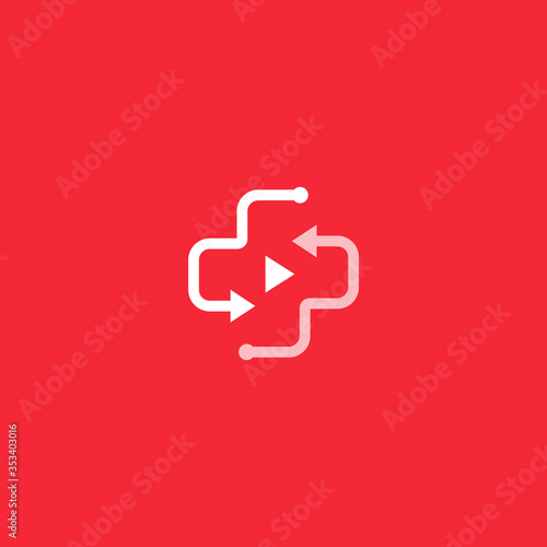 Online medicine. Telehealth logo. Medical conference. Cross emblem. Distant doctor video consultation app. Plus symbol. Healthcare website. Web therapist check up application vector illustration.