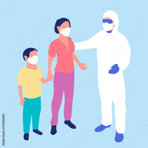 Coronavirus quarantine concept illustration. Isometric health worker in protective clothing with female and child in white medical mask. Infection control, pandemic, quarantine.