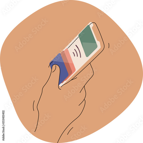 Person paying in the store using a phone built in app for wireless payment. Safe cashless purchase during pandemic. Cartoon style simple line art vector illustration