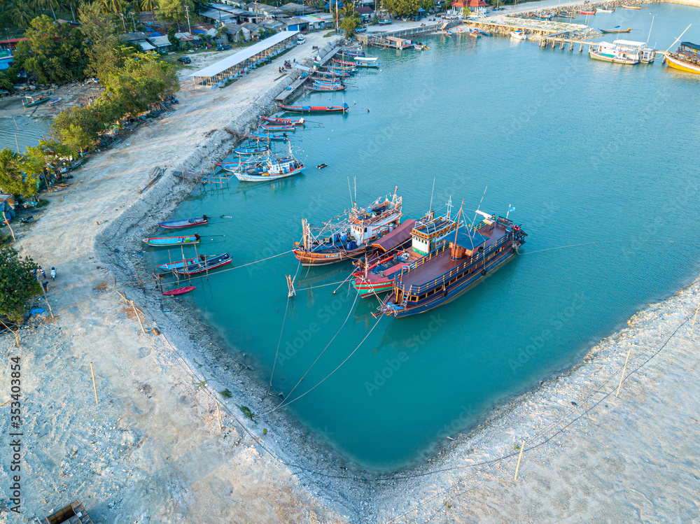 Aerial view of Baan Tai pier or Huatean Pier at Phangan island with clear blue sky, Thailand
