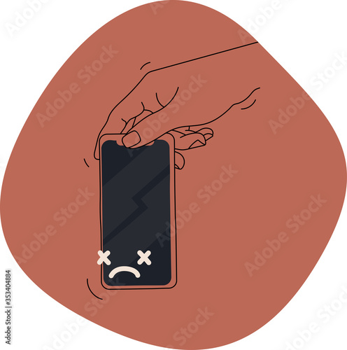 A person holding a phone or a smartphone with an intention to throw it out. The device is personified, has dead eyes and is not functional anymore. Flat style vector simple cartoon illustration