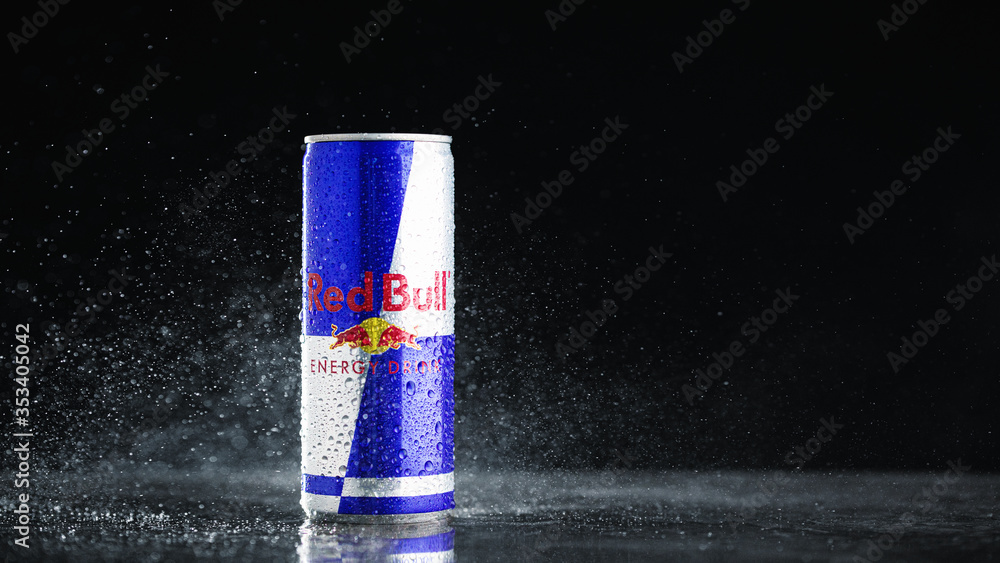 Red Bull is an energy drink sold by Austrian company Red Bull GmbH, created  in 1987. Stock Photo | Adobe Stock