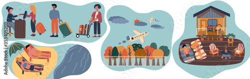 The people traveling around the world after covid-19 coronavirus lockdown. Outbreak, Sunbathing, summer, holiday, vacation, resort, check-in, abroad, activity, vector illustration in flat cartoon.