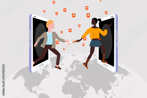 Relay race and challenge of social activity in social networks. Two characters from a large global world team pass the baton to each other, communication using a smartphone