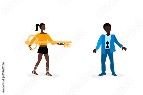 A woman with a key tries to open a man with a keyhole. A psychologist or psychotherapist is looking for an approach to the patient, the concept of mutual understanding