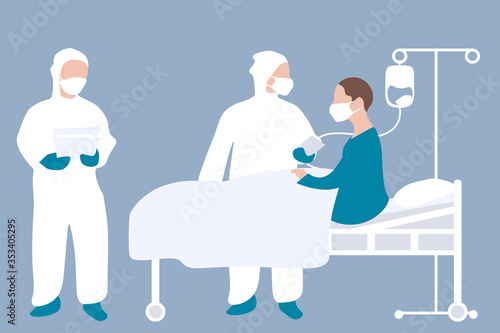 Coronavirus patient in hospital with workers in protective clothing. Vector illustration. Concept of novel coronavirus (2019-nCoV), coronavirus quarantine, patient treatment.