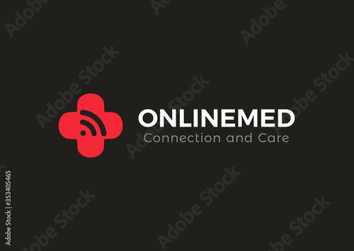 Red medical cross logo. Online medicine emblem. Distant healthcare system app icon. Plus symbol. Internet, wifi connection sign. Web doctor consultation service. Clinic, hospital vector illustration.