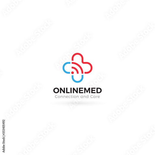 Medical cross logo. Distance doctor consulting service emblem. Telemedicine icon. Modern online healthcare system sign. Therapist consultation and check up app. Isolated clinic vector illustration.